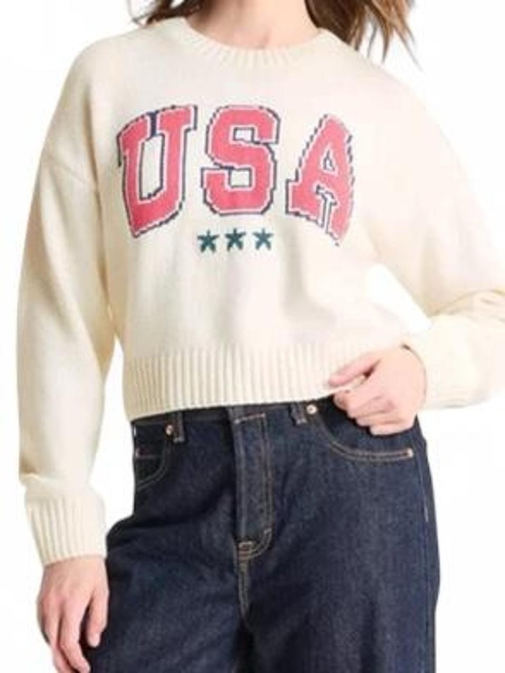 Grayson Threads Cream Crewneck Sweater with Pink USA Lettering